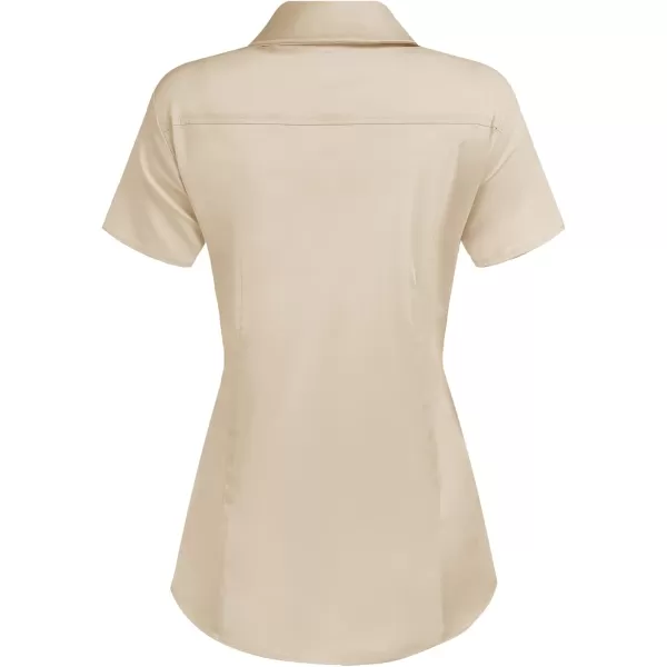 HOTOUCH Womens Basic Button Up Shirt Short Sleeve Stretchy Button Down Collared Shirts Waitress Work ShirtLight Khaki