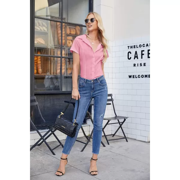 HOTOUCH Womens Basic Button Up Shirt Short Sleeve Stretchy Button Down Collared Shirts Waitress Work ShirtPink