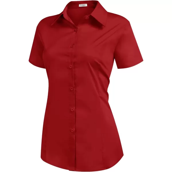 HOTOUCH Womens Basic Button Up Shirt Short Sleeve Stretchy Button Down Collared Shirts Waitress Work ShirtRed