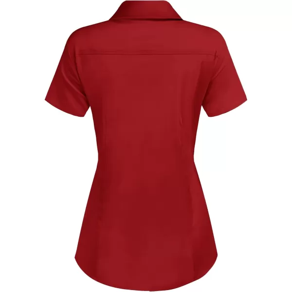HOTOUCH Womens Basic Button Up Shirt Short Sleeve Stretchy Button Down Collared Shirts Waitress Work ShirtRed