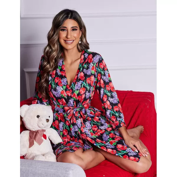 HOTOUCH Womens Robe Lightweight Cotton Robes Short Knit Bathrobe Soft Ladies Sleepwear with PocketsPblack Print