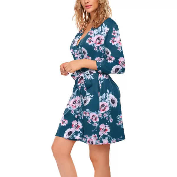 HOTOUCH Womens Robe Lightweight Cotton Robes Short Knit Bathrobe Soft Ladies Sleepwear with PocketsPblue Green Floral
