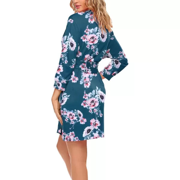 HOTOUCH Womens Robe Lightweight Cotton Robes Short Knit Bathrobe Soft Ladies Sleepwear with PocketsPblue Green Floral