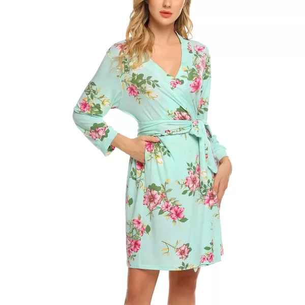 HOTOUCH Womens Robe Lightweight Cotton Robes Short Knit Bathrobe Soft Ladies Sleepwear with PocketsPmint Floral