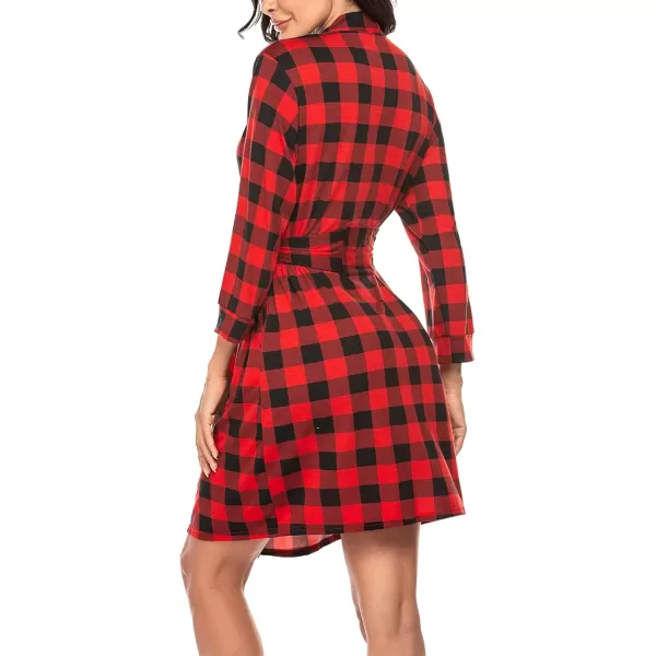 HOTOUCH Womens Robe Lightweight Cotton Robes Short Knit Bathrobe Soft Ladies Sleepwear with PocketsPred Plaid