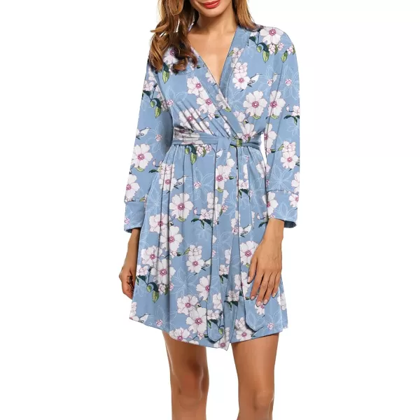 HOTOUCH Womens Robe Lightweight Cotton Robes Short Knit Bathrobe Soft Ladies Sleepwear with PocketsPrint Light Blue Flower