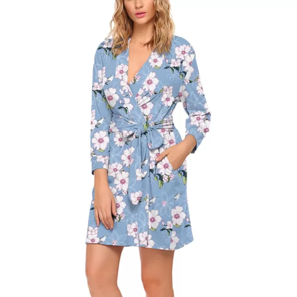 HOTOUCH Womens Robe Lightweight Cotton Robes Short Knit Bathrobe Soft Ladies Sleepwear with PocketsPrint Light Blue Flower