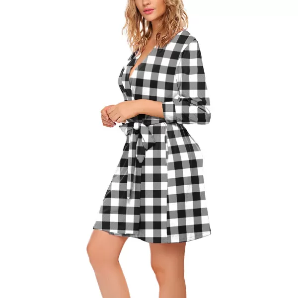 HOTOUCH Womens Robe Lightweight Cotton Robes Short Knit Bathrobe Soft Ladies Sleepwear with PocketsPwhite Plaid