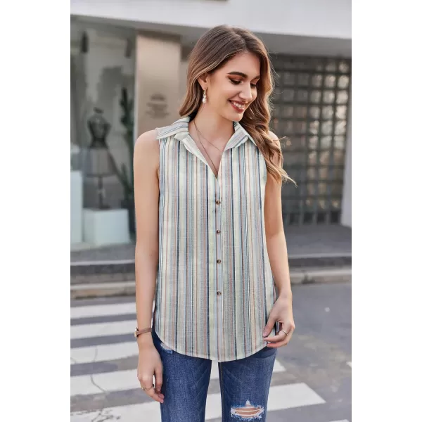 HOTOUCH Womens Sleeveless Button Down Shirt Collared Cotton Linen Blouse Casual Office Shirts Basic Tank TopBlue Striped