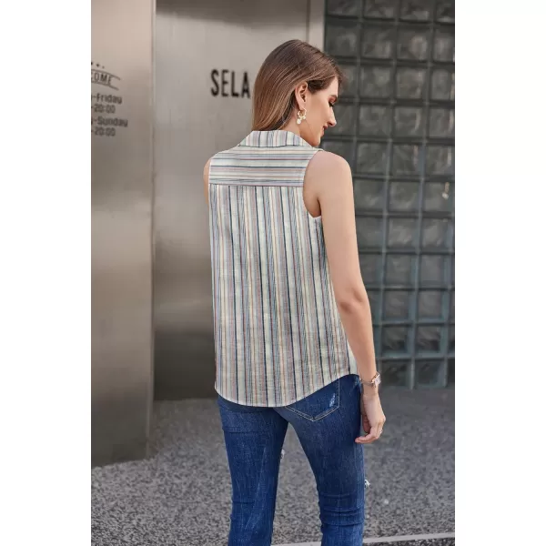 HOTOUCH Womens Sleeveless Button Down Shirt Collared Cotton Linen Blouse Casual Office Shirts Basic Tank TopBlue Striped