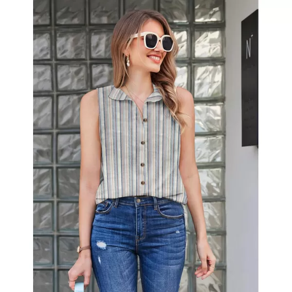 HOTOUCH Womens Sleeveless Button Down Shirt Collared Cotton Linen Blouse Casual Office Shirts Basic Tank TopBlue Striped