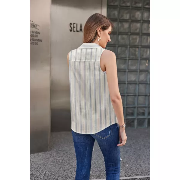 HOTOUCH Womens Sleeveless Button Down Shirt Collared Cotton Linen Blouse Casual Office Shirts Basic Tank TopStripe Blue