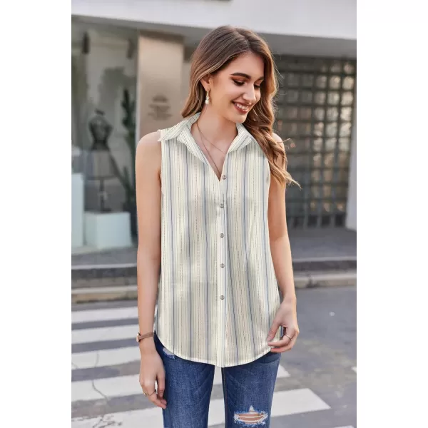 HOTOUCH Womens Sleeveless Button Down Shirt Collared Cotton Linen Blouse Casual Office Shirts Basic Tank TopStripe Blue