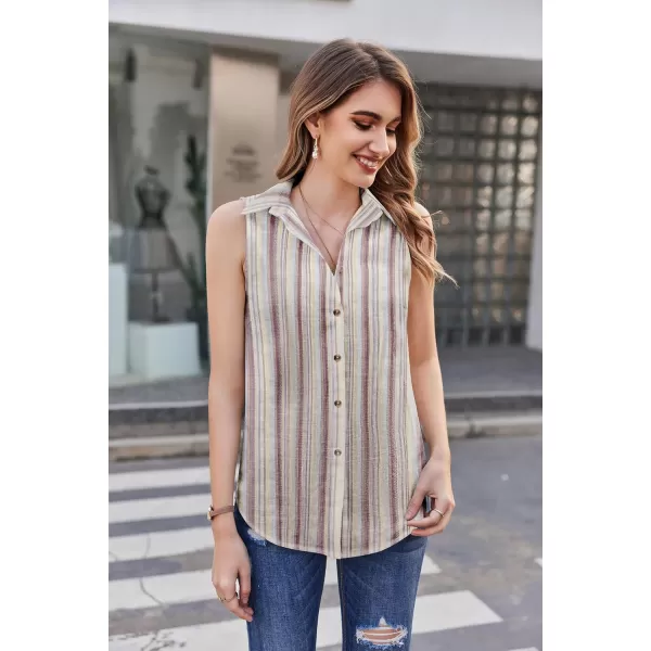 HOTOUCH Womens Sleeveless Button Down Shirt Collared Cotton Linen Blouse Casual Office Shirts Basic Tank TopStripe Red