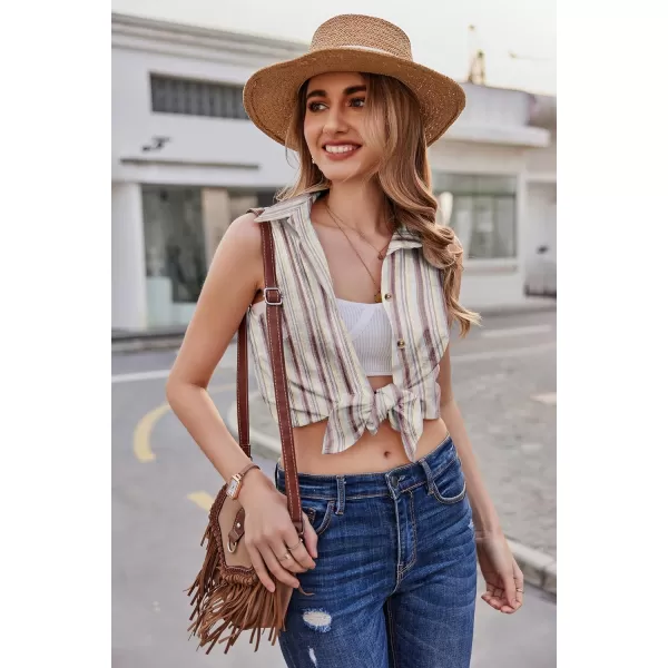 HOTOUCH Womens Sleeveless Button Down Shirt Collared Cotton Linen Blouse Casual Office Shirts Basic Tank TopStripe Red