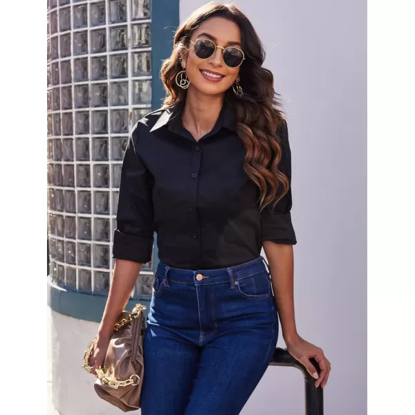 HOTOUCH Womens Stretch Basic Button Down Shirt Long Sleeve Slim Fit Dress Shirts Solid Work Office Blouses TopA  Black Stretch Fabric  a Size Up for Relaxed Fit