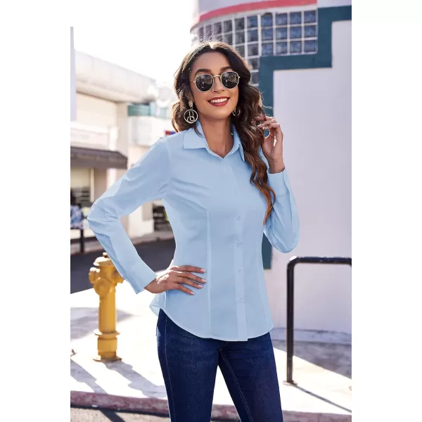 HOTOUCH Womens Stretch Basic Button Down Shirt Long Sleeve Slim Fit Dress Shirts Solid Work Office Blouses TopBlue Stretch Fabric  a Size Up for Relaxed Fit