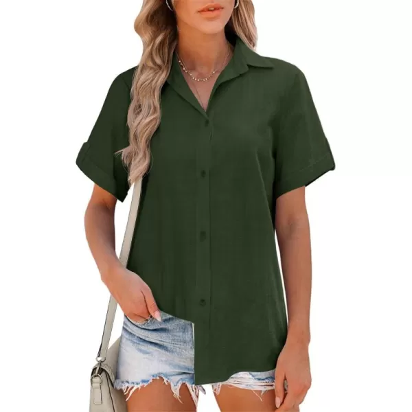 HOTOUCH Button Down Shirt Women Cotton Short Sleeve Blouses V Neck Collared Button Up Summer Beach TopsArmy Green