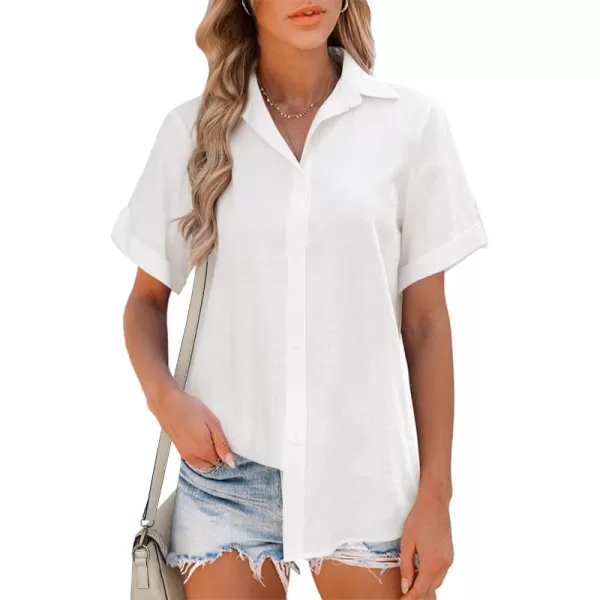 HOTOUCH Button Down Shirt Women Cotton Short Sleeve Blouses V Neck Collared Button Up Summer Beach TopsAwhite