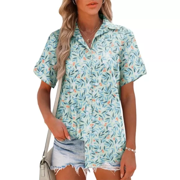 HOTOUCH Button Down Shirt Women Cotton Short Sleeve Blouses V Neck Collared Button Up Summer Beach TopsBlue Leaves