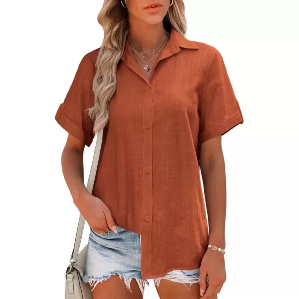 HOTOUCH Button Down Shirt Women Cotton Short Sleeve Blouses V Neck Collared Button Up Summer Beach TopsBrown
