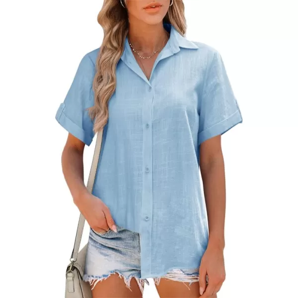 HOTOUCH Button Down Shirt Women Cotton Short Sleeve Blouses V Neck Collared Button Up Summer Beach TopsClear Blue