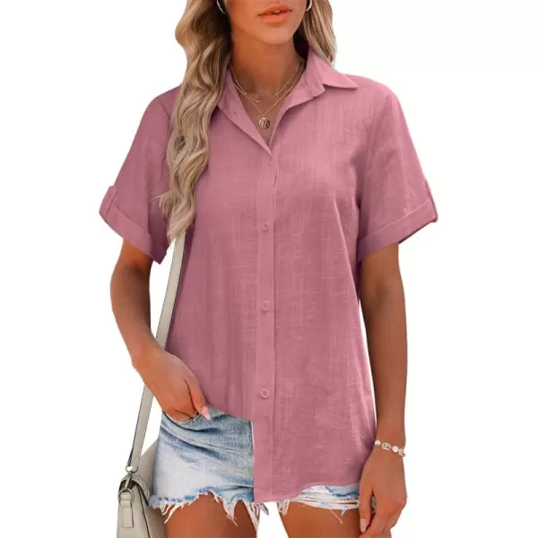 HOTOUCH Button Down Shirt Women Cotton Short Sleeve Blouses V Neck Collared Button Up Summer Beach TopsDark Pink