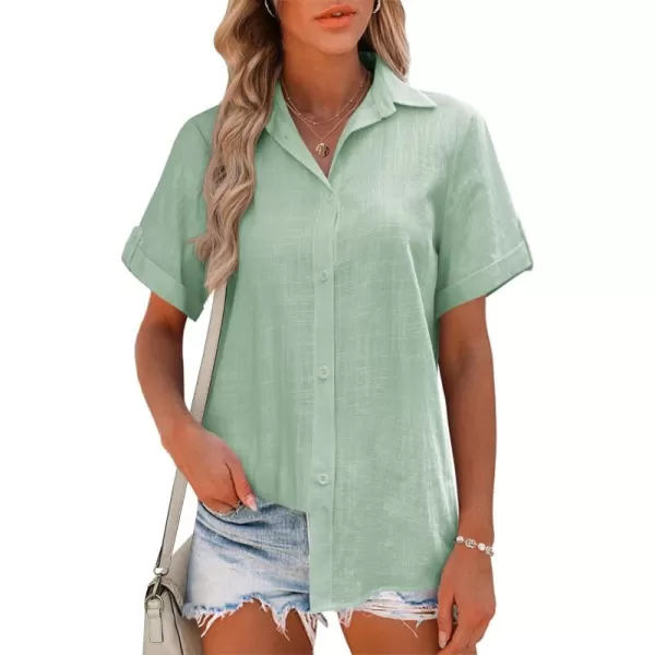 HOTOUCH Button Down Shirt Women Cotton Short Sleeve Blouses V Neck Collared Button Up Summer Beach TopsLight Green