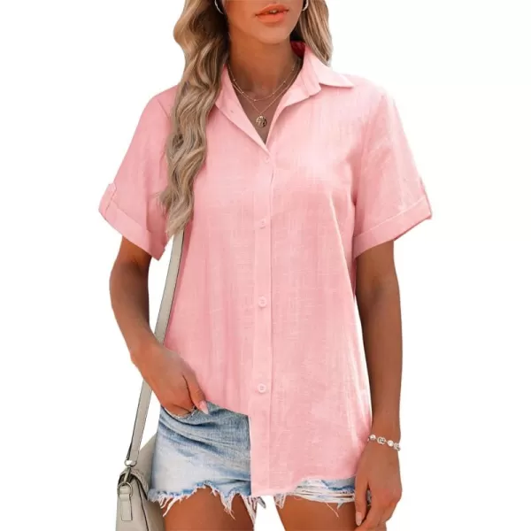 HOTOUCH Button Down Shirt Women Cotton Short Sleeve Blouses V Neck Collared Button Up Summer Beach TopsMisty Rose