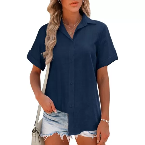 HOTOUCH Button Down Shirt Women Cotton Short Sleeve Blouses V Neck Collared Button Up Summer Beach TopsNavy Blue