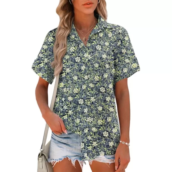 HOTOUCH Button Down Shirt Women Cotton Short Sleeve Blouses V Neck Collared Button Up Summer Beach TopsNavy Leaves