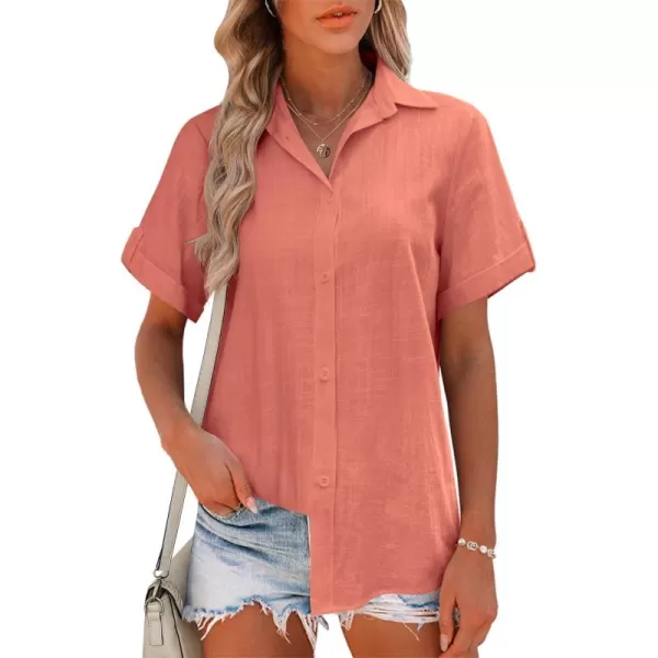 HOTOUCH Button Down Shirt Women Cotton Short Sleeve Blouses V Neck Collared Button Up Summer Beach TopsTangerine