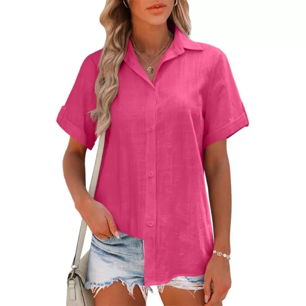 HOTOUCH Button Down Shirt Women Cotton Short Sleeve Blouses V Neck Collared Button Up Summer Beach TopsWatermelon Pink