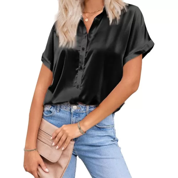 HOTOUCH Silk Button Down Shirts for Women Satin Short Sleeve V Neck Casual Work Office Blouse Tunic TopsBlack