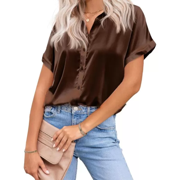 HOTOUCH Silk Button Down Shirts for Women Satin Short Sleeve V Neck Casual Work Office Blouse Tunic TopsBrown