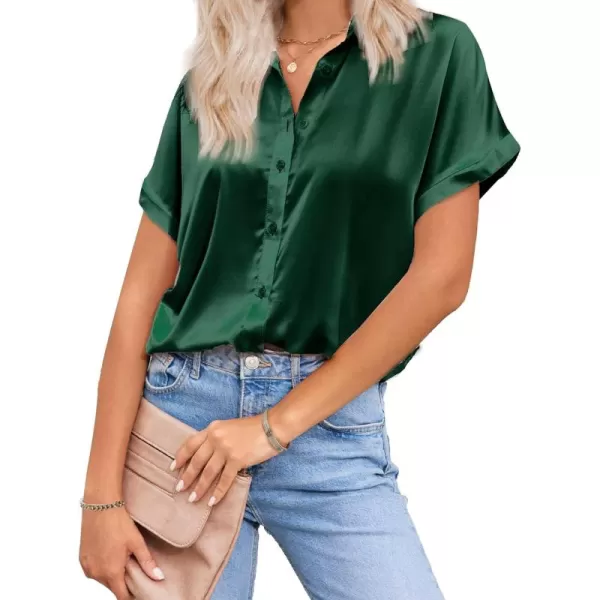 HOTOUCH Silk Button Down Shirts for Women Satin Short Sleeve V Neck Casual Work Office Blouse Tunic TopsDark Green