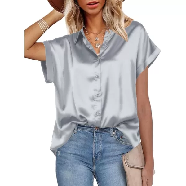 HOTOUCH Silk Button Down Shirts for Women Satin Short Sleeve V Neck Casual Work Office Blouse Tunic TopsGrey