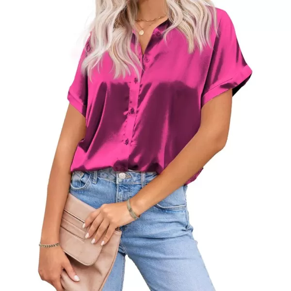 HOTOUCH Silk Button Down Shirts for Women Satin Short Sleeve V Neck Casual Work Office Blouse Tunic TopsHot Pink