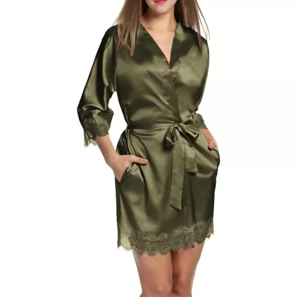 HOTOUCH Silk Robes for Women Short Lace Trim Satin Bride Robe 34 Sleeve Sexy Kimono Robe Sleepwear with PocketsArmy Green