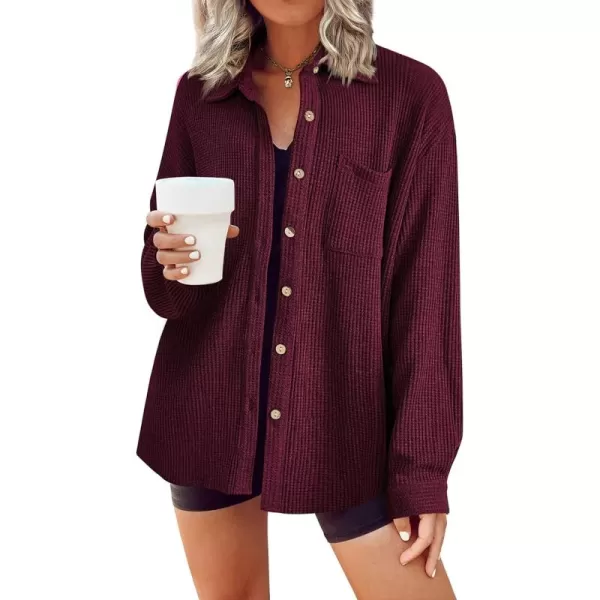 HOTOUCH Waffle Button Down Shirt Women Casual Knit Tops Long Sleeve Loose Fit Shacket with PocketWine Red