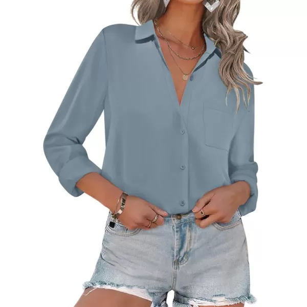 HOTOUCH Women Button Down Shirts with Pockets Long Sleeve Office Blouses Casual Business Tops Slim Fit Chiffon Shirts SXXLBlue Grey