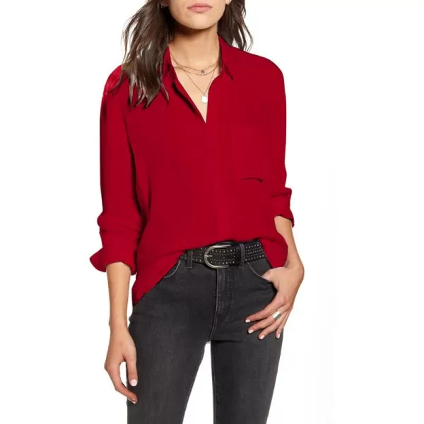 HOTOUCH Women Button Down Shirts with Pockets Long Sleeve Office Blouses Casual Business Tops Slim Fit Chiffon Shirts SXXLRed