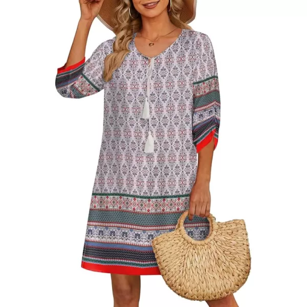 HOTOUCH Women Casual Beach Summer Dress Boho Tassel Tie Neck 34 Long Sleeve Short Floral Print Flowy Cover Up Sundresses03white
