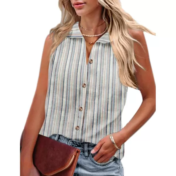 HOTOUCH Womens Sleeveless Button Down Shirt Collared Cotton Linen Blouse Casual Office Shirts Basic Tank TopBlue Striped