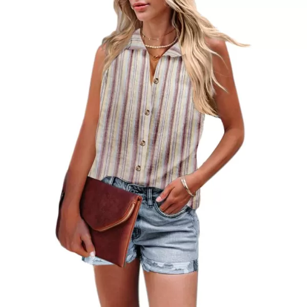 HOTOUCH Womens Sleeveless Button Down Shirt Collared Cotton Linen Blouse Casual Office Shirts Basic Tank TopStripe Red