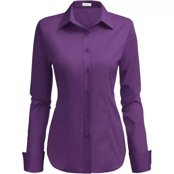 HOTOUCH Womens Stretch Basic Button Down Shirt Long Sleeve Slim Fit Dress Shirts Solid Work Office Blouses TopPurple Stretch Fabric  a Size Up for Relaxed Fit