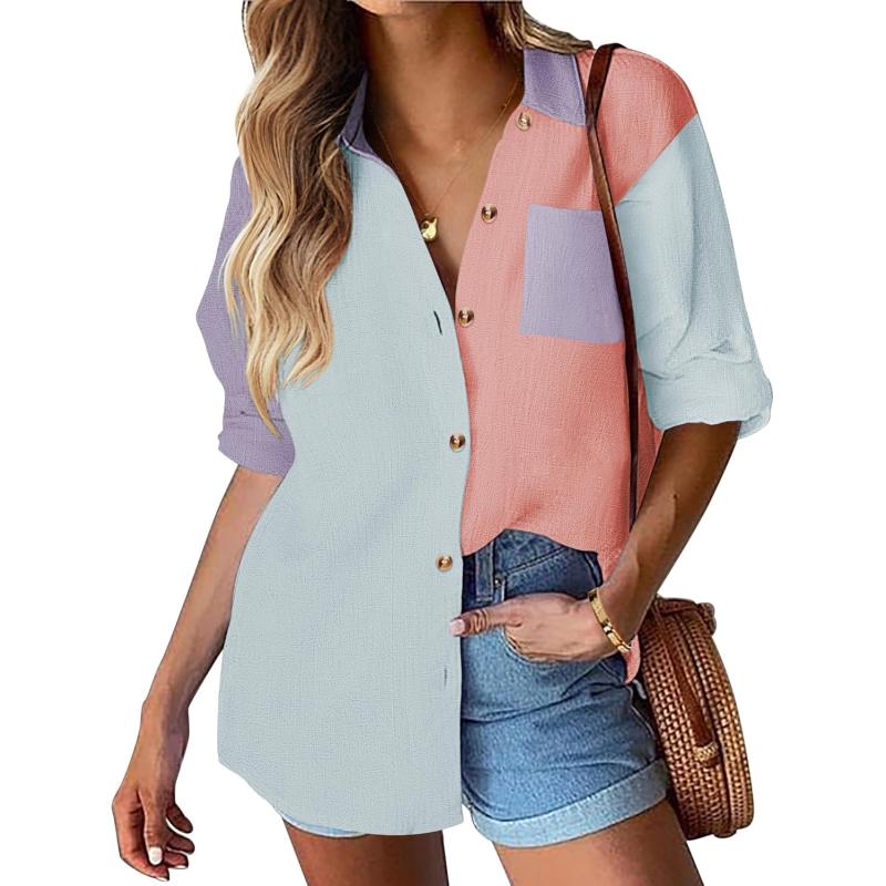 imageHOTOUCH Womens Cotton Button Down Shirt Casual Long Sleeve Loose Fit Collared Linen Work Blouse Tops with PocketBluepurpletangerine
