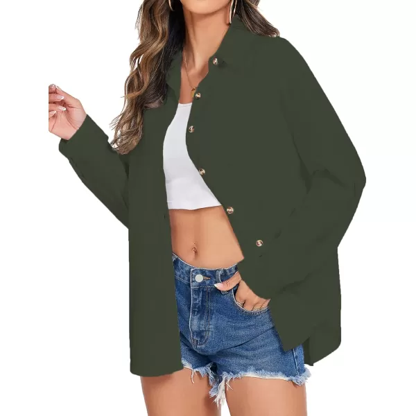 imageHOTOUCH Womens Cotton Button Down Shirt Casual Long Sleeve Loose Fit Collared Linen Work Blouse Tops with PocketArmy Green