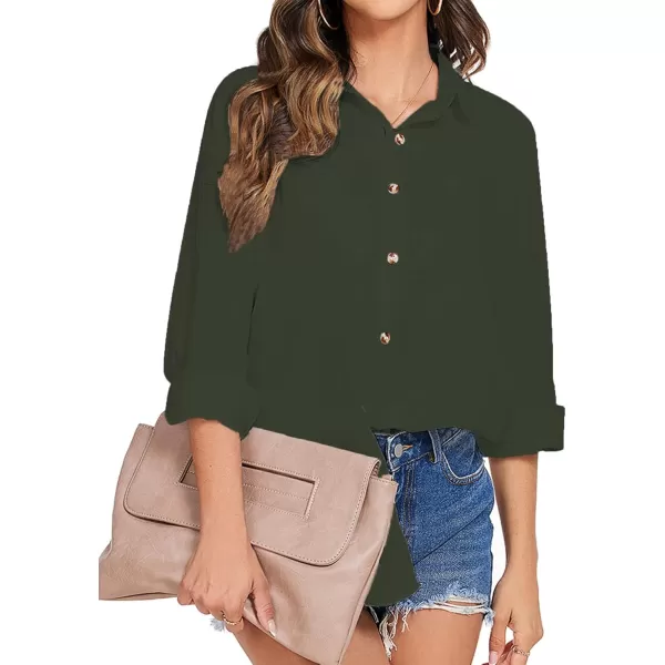 imageHOTOUCH Womens Cotton Button Down Shirt Casual Long Sleeve Loose Fit Collared Linen Work Blouse Tops with PocketArmy Green