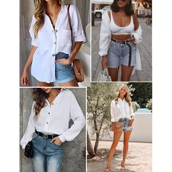 imageHOTOUCH Womens Cotton Button Down Shirt Casual Long Sleeve Loose Fit Collared Linen Work Blouse Tops with PocketAwhite